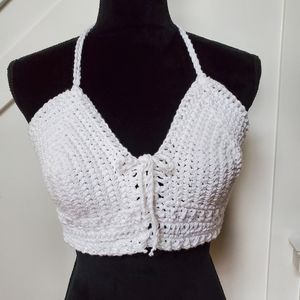Handmade crocheted bralette tank bikini halter top adjustable New crisp white